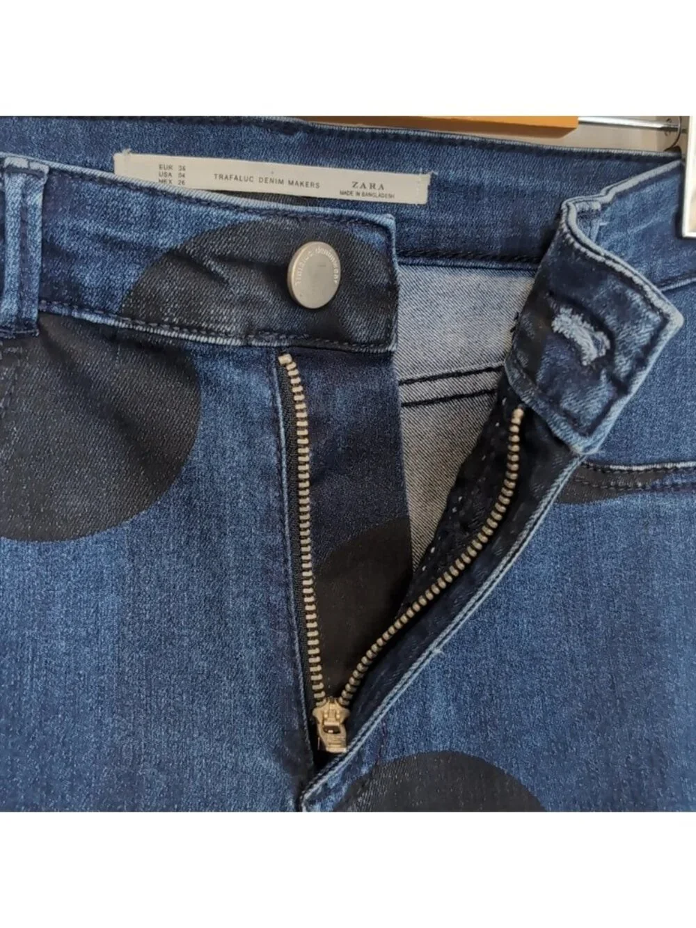 ZARA Trafaluc Denim Makers Polka Dot Skinny Jeans Cropped Blue Black Size 4
